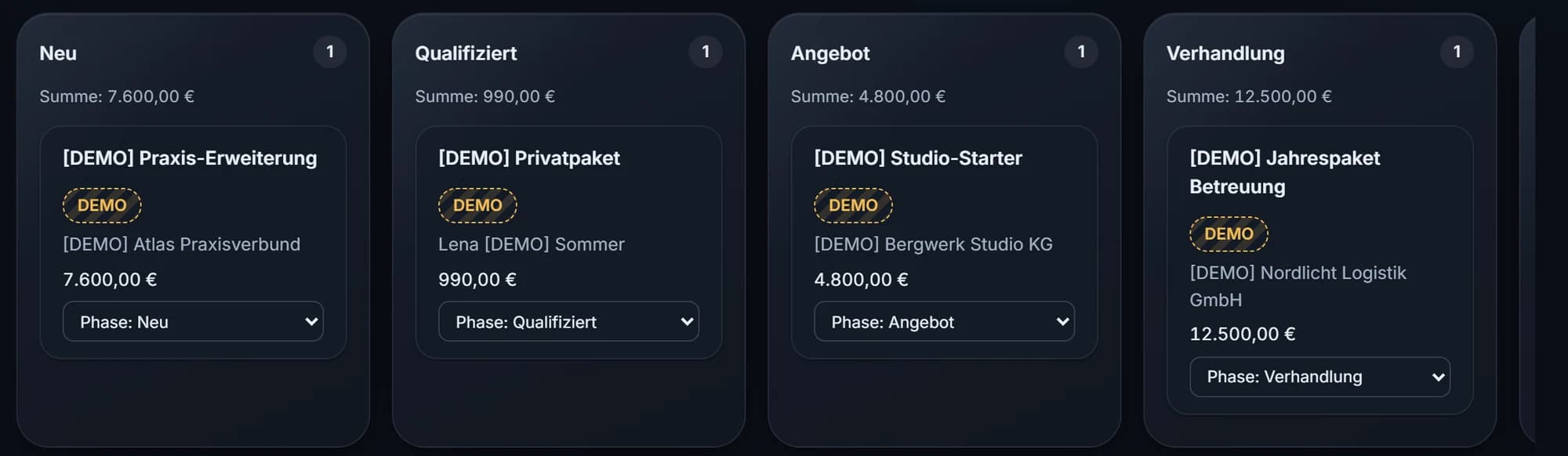 Pipeline im CRM: Verkaufschancen in den Phasen Neu, Qualifiziert, Angebot und Verhandlung mit Betrag und Phase.