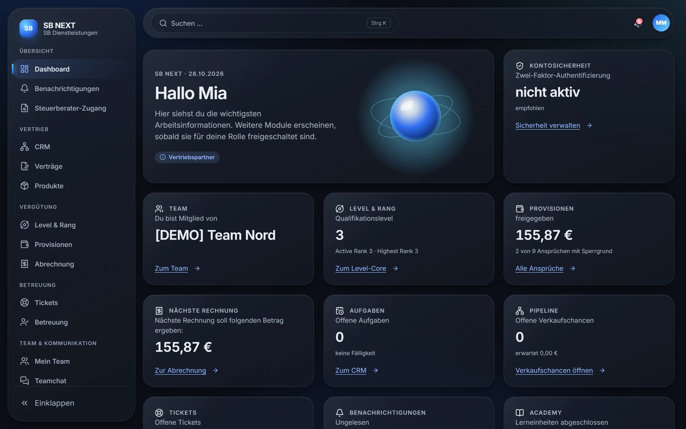 Dashboard in SB NEXT: Teamzugehörigkeit, Qualifikationslevel, freigegebene Provisionen, Betrag der nächsten Rechnung, offene Aufgaben und Pipeline.