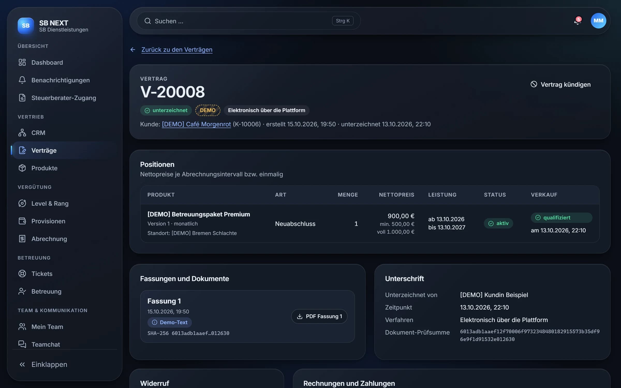 Vertragsansicht in SB NEXT: Vertrag unterzeichnet, elektronisch über die Plattform, Position mit Nettopreis zwischen Mindest- und Vollpreis, Fassung als PDF und Unterschriftsnachweis mit Prüfsumme.